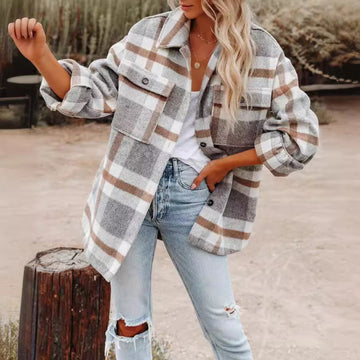 Woochic veste pour femmes col revers en tweed imprimée à carreaux kaqi S